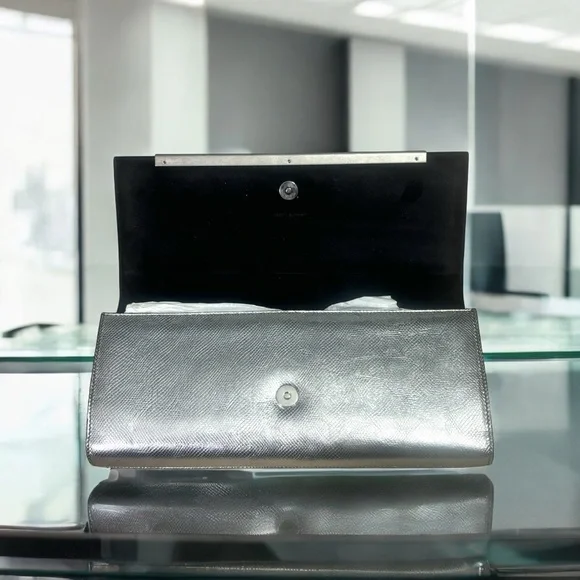 YSL Metallic Silver Flap Clutch - Picture 7 of 9